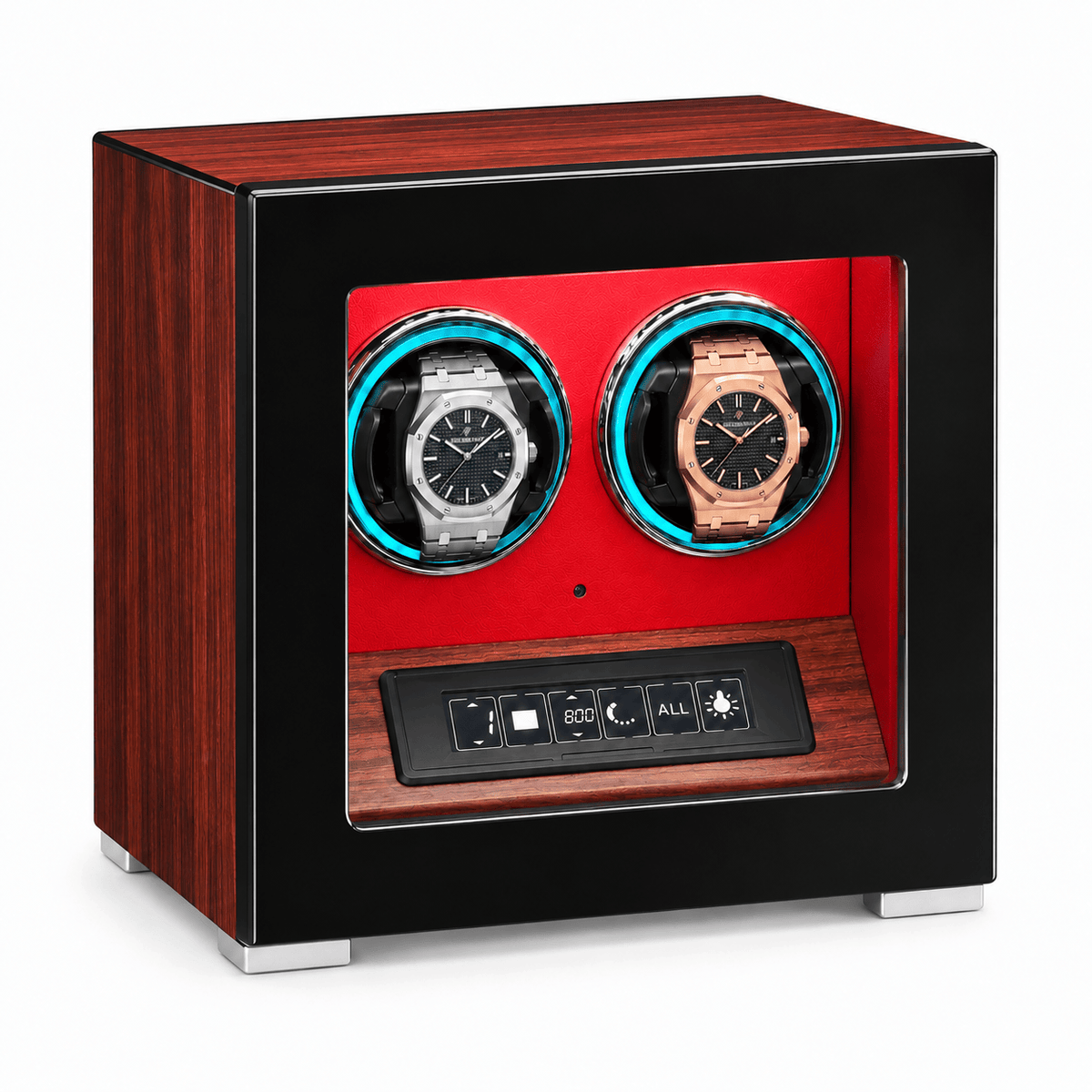The Time Foundry 2 Slot Watch Winder for Automatic Watches, Rosewood with Red Interior Image