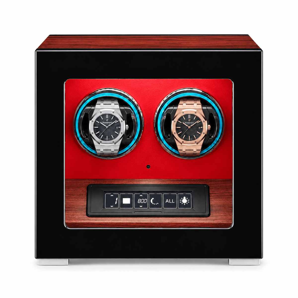 The Time Foundry 2 Slot Watch Winder for Automatic Watches, Rosewood with Red Interior Image
