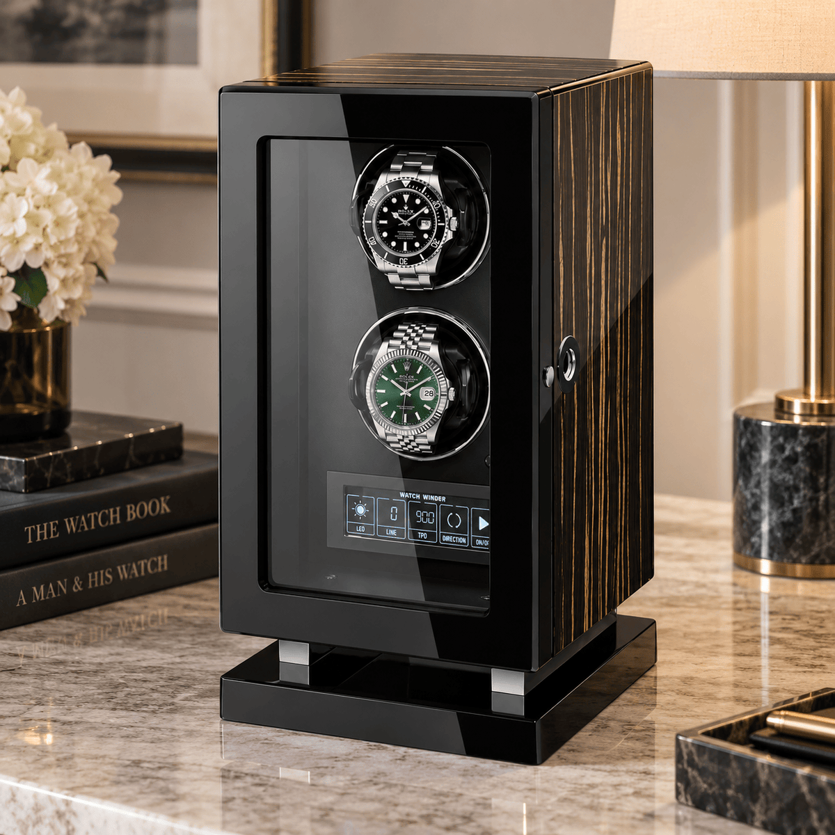 The Time Foundry 2 Slot Watch Winder for Automatic Watches, Wood Grain, Adjustable TPD