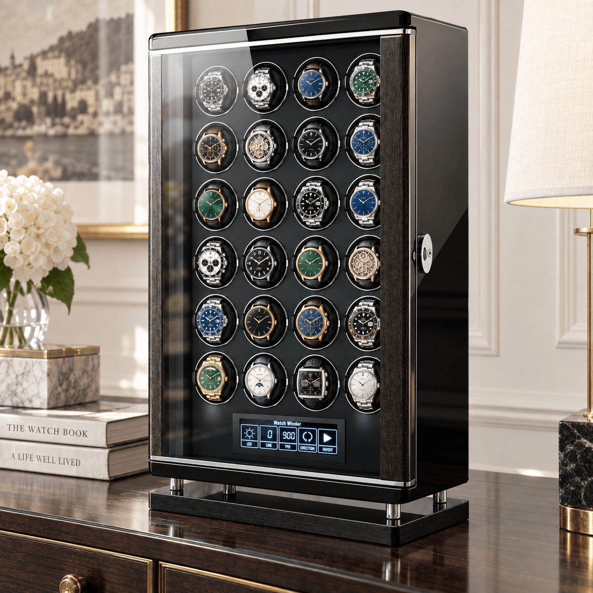 The Time Foundry 24 Slot Watch Winder for Automatic Watches, Piano Black, Japanese Motor