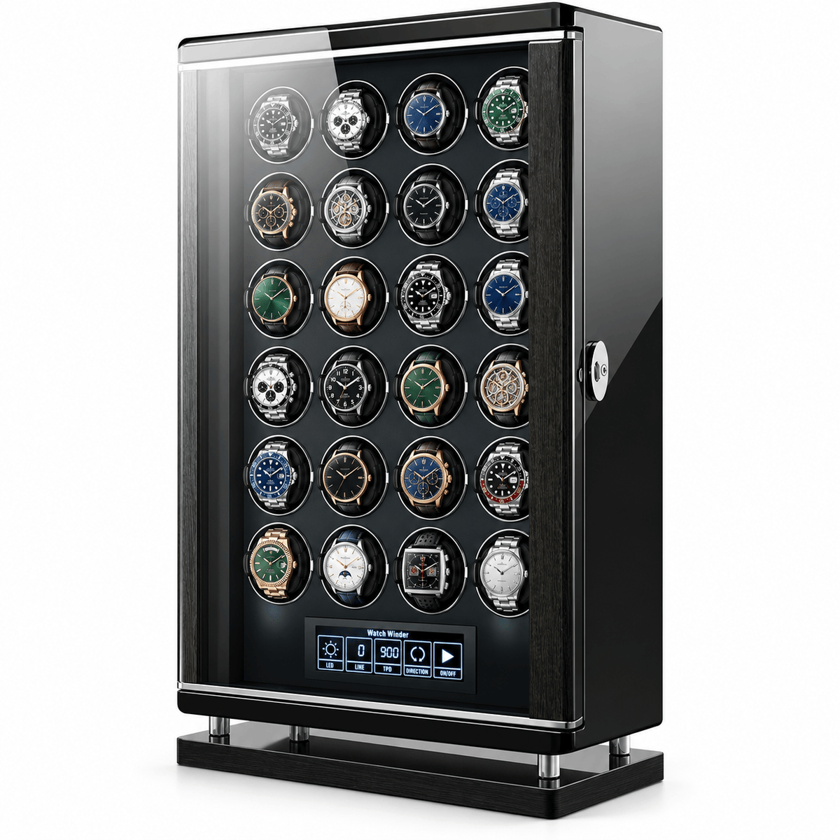 The Time Foundry 24 Slot Watch Winder for Automatic Watches, Piano Black, Japanese Motor