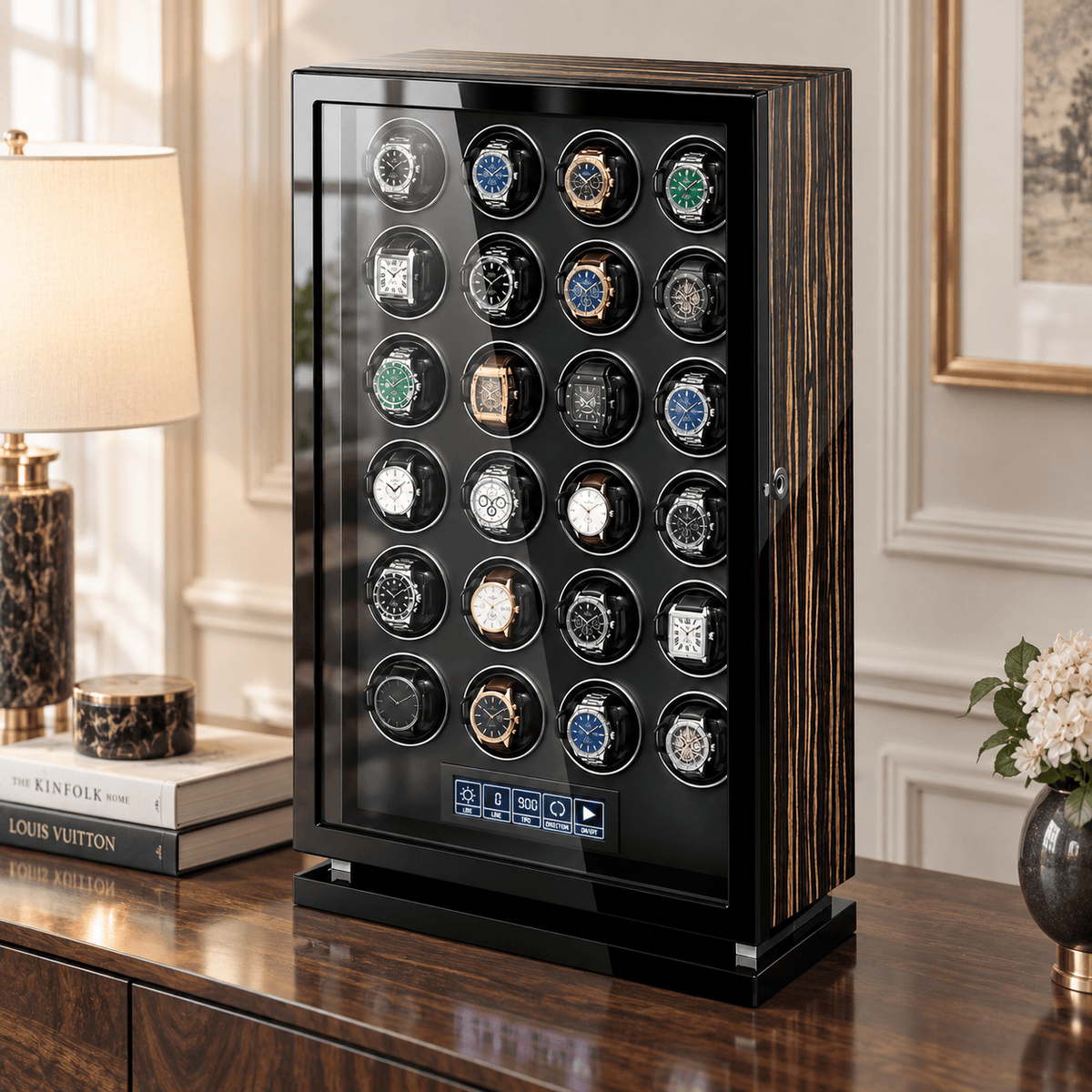The Time Foundry 24 Slot Watch Winder for Automatic Watches, Wood Grain, Adjustable TPD