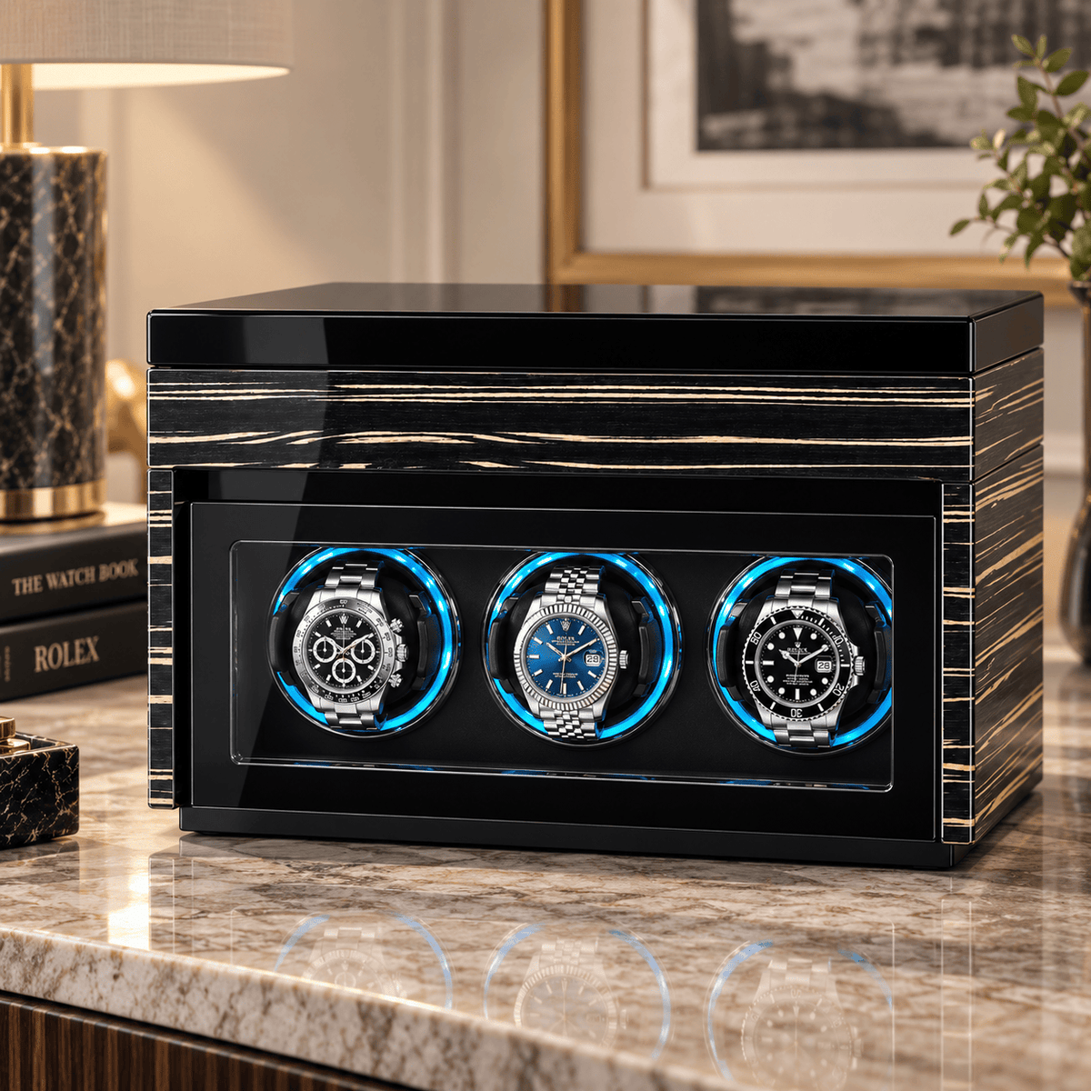 The Time Foundry 3 Slot Watch Winder for Automatic Watches, Ebony, Touch Control Panel
