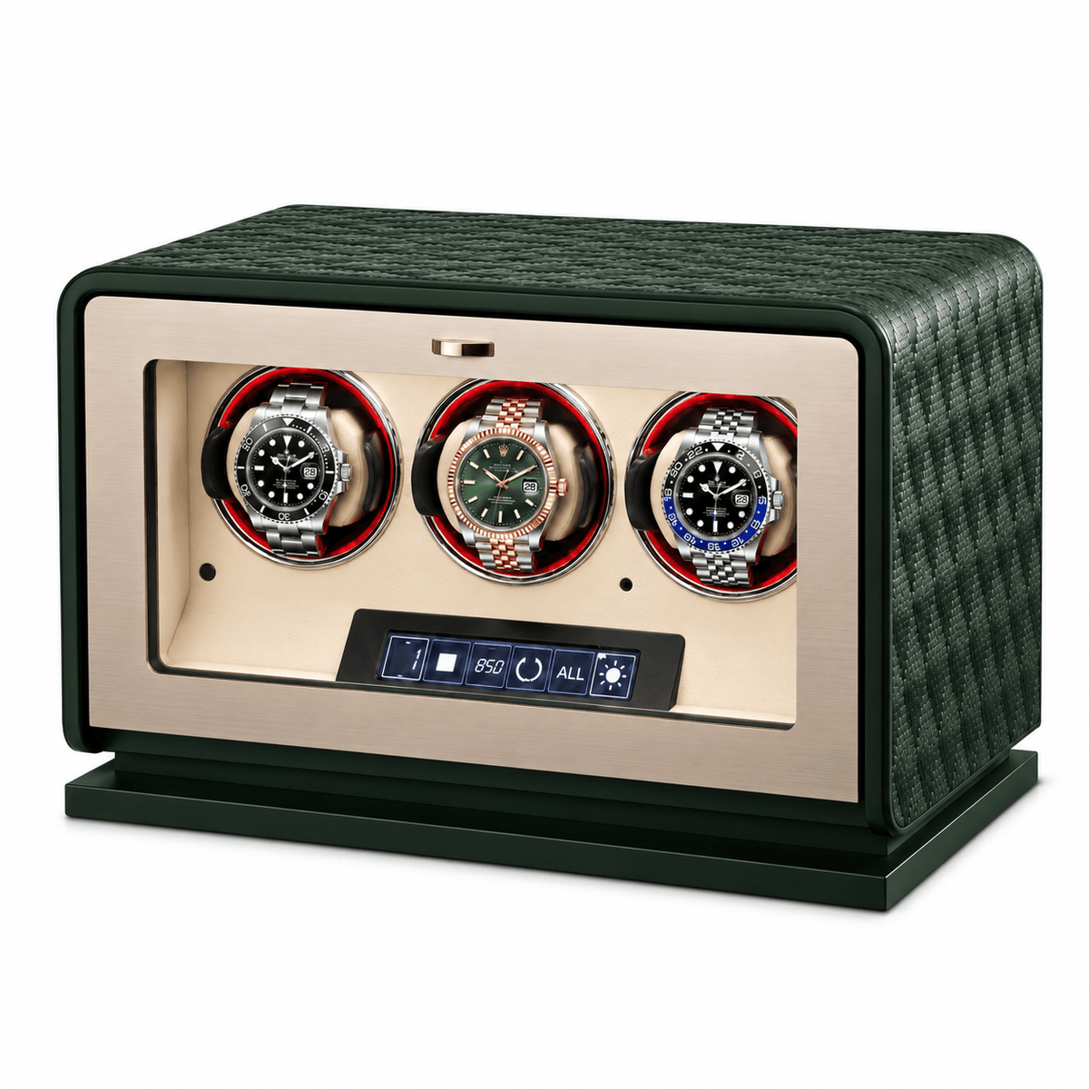 The Time Foundry 3 Slot Watch Winder for Automatic Watches, Green Leather, 12-Point Motor