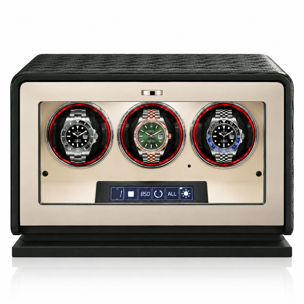 The Time Foundry 3 Slot Watch Winder for Automatic Watches, Green Leather, 12-Point Motor