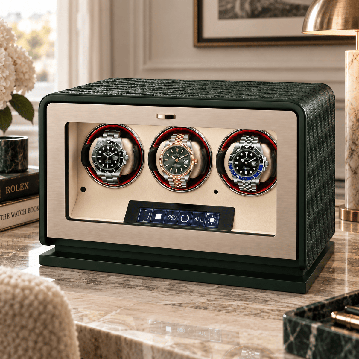 The Time Foundry 3 Slot Watch Winder for Automatic Watches, Green Leather, 12-Point Motor