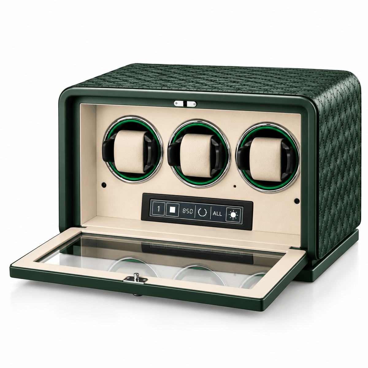 The Time Foundry 3 Slot Watch Winder for Automatic Watches, Green Leather, 12-Point Motor