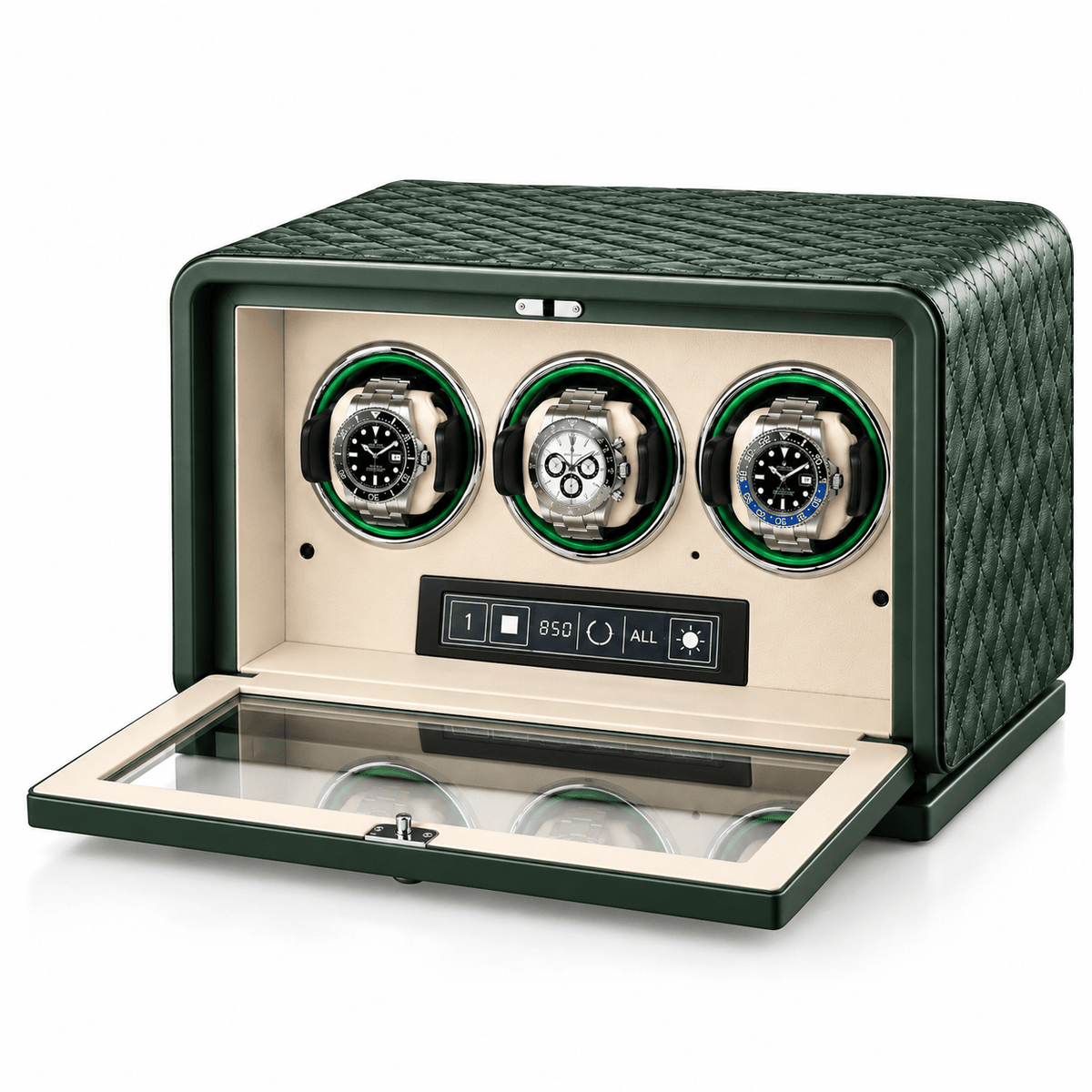 The Time Foundry 3 Slot Watch Winder for Automatic Watches, Green Leather, 12-Point Motor Image