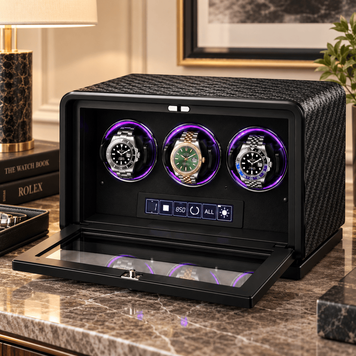 The Time Foundry 3 Slot Watch Winder for Automatic Watches, Leather, 12-Point Motor