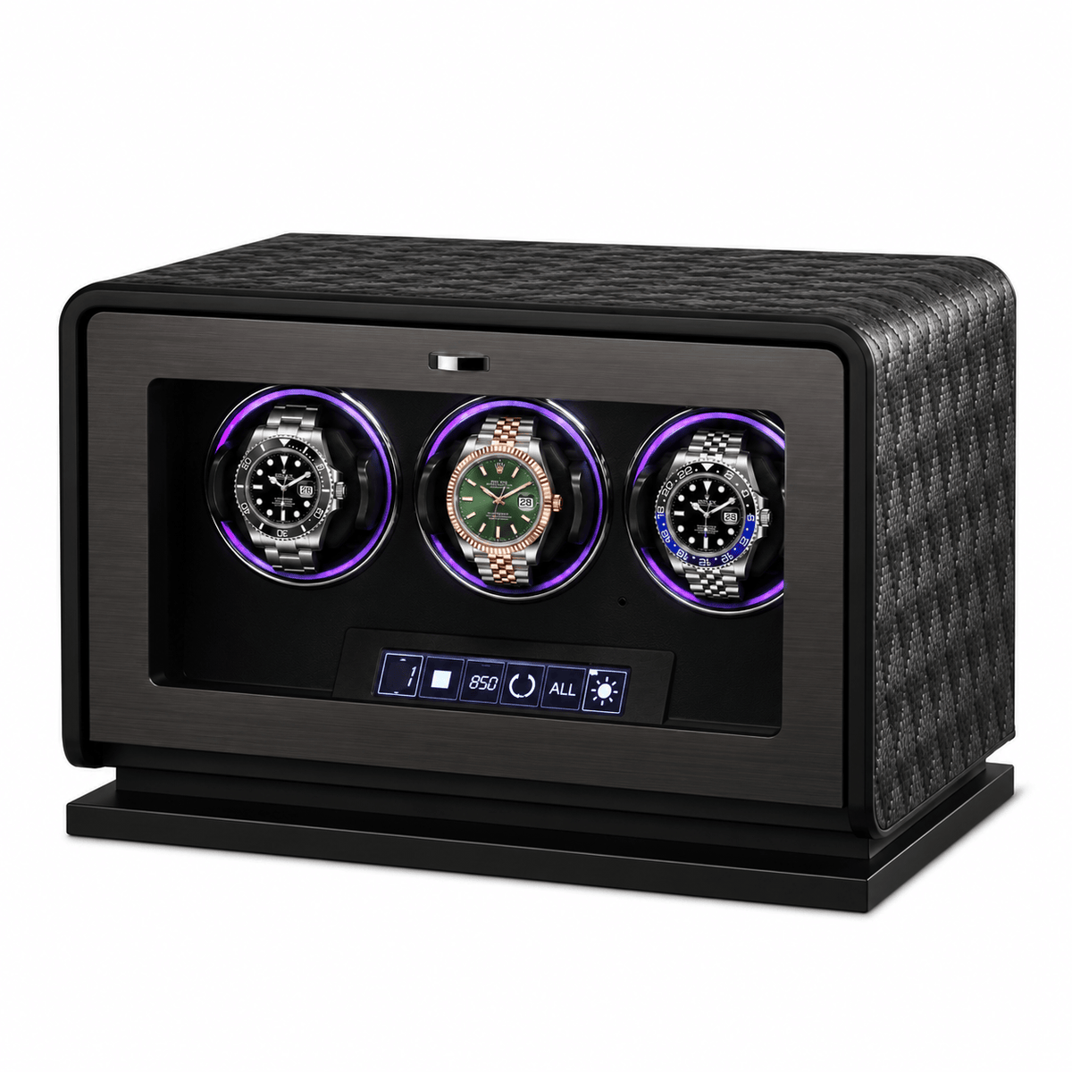The Time Foundry 3 Slot Watch Winder for Automatic Watches, Leather, 12-Point Motor Image