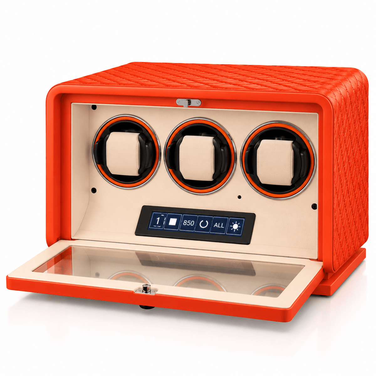 The Time Foundry 3 Slot Watch Winder for Automatic Watches, Orange Leather, 12-Point Motor