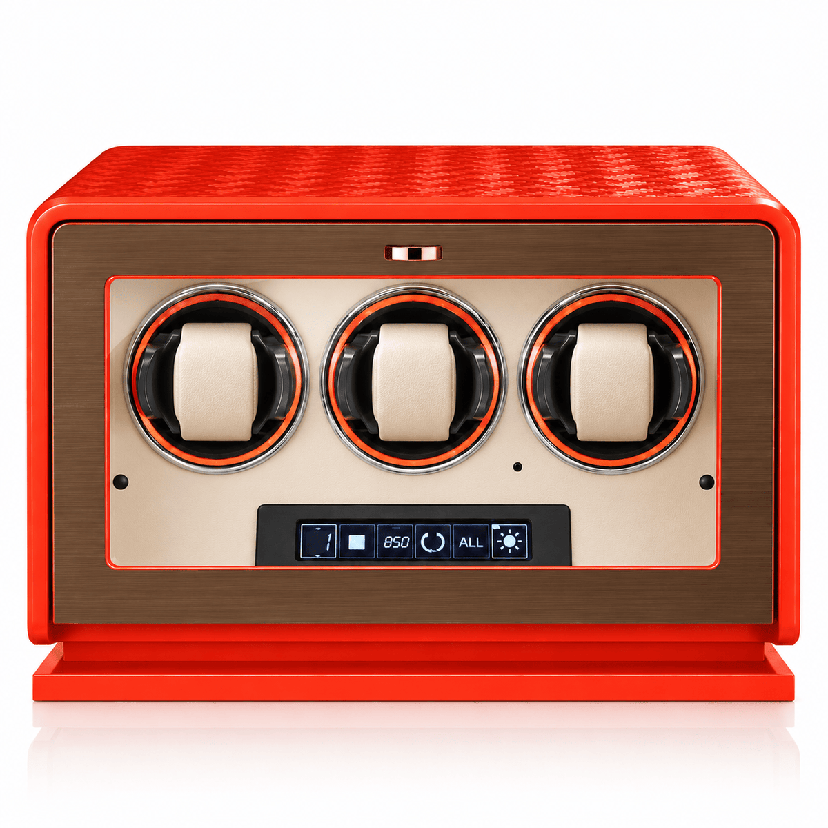 The Time Foundry 3 Slot Watch Winder for Automatic Watches, Orange Leather, 12-Point Motor