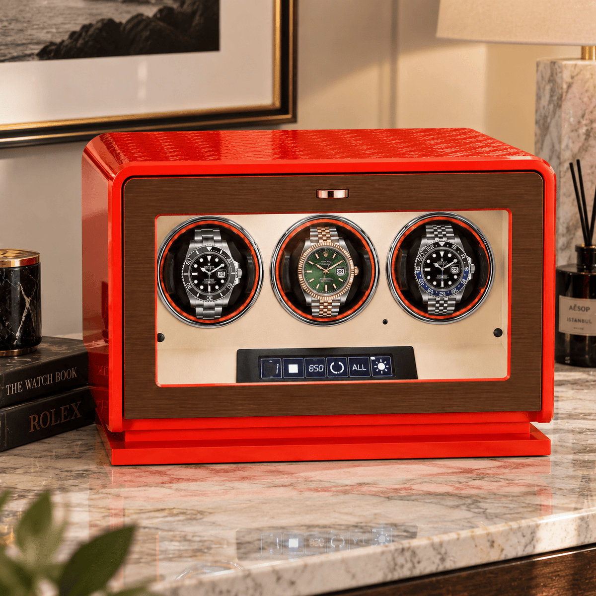 The Time Foundry 3 Slot Watch Winder for Automatic Watches, Orange Leather, 12-Point Motor
