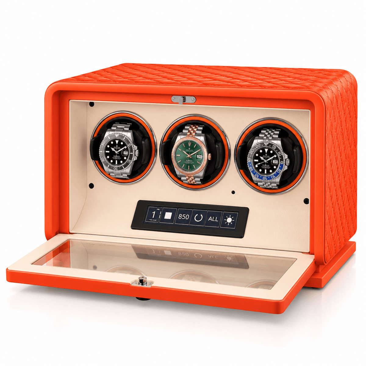 The Time Foundry 3 Slot Watch Winder for Automatic Watches, Orange Leather, 12-Point Motor