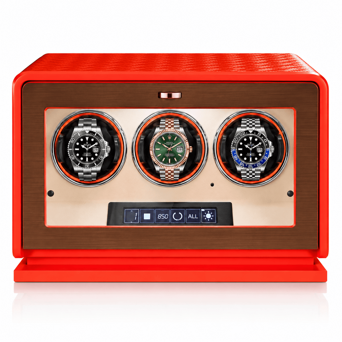 The Time Foundry 3 Slot Watch Winder for Automatic Watches, Orange Leather, 12-Point Motor