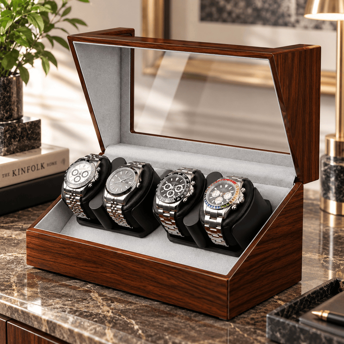 The Time Foundry 4 Slot Watch Winder for Automatic Watches, Ebony, Bidirectional Rotation