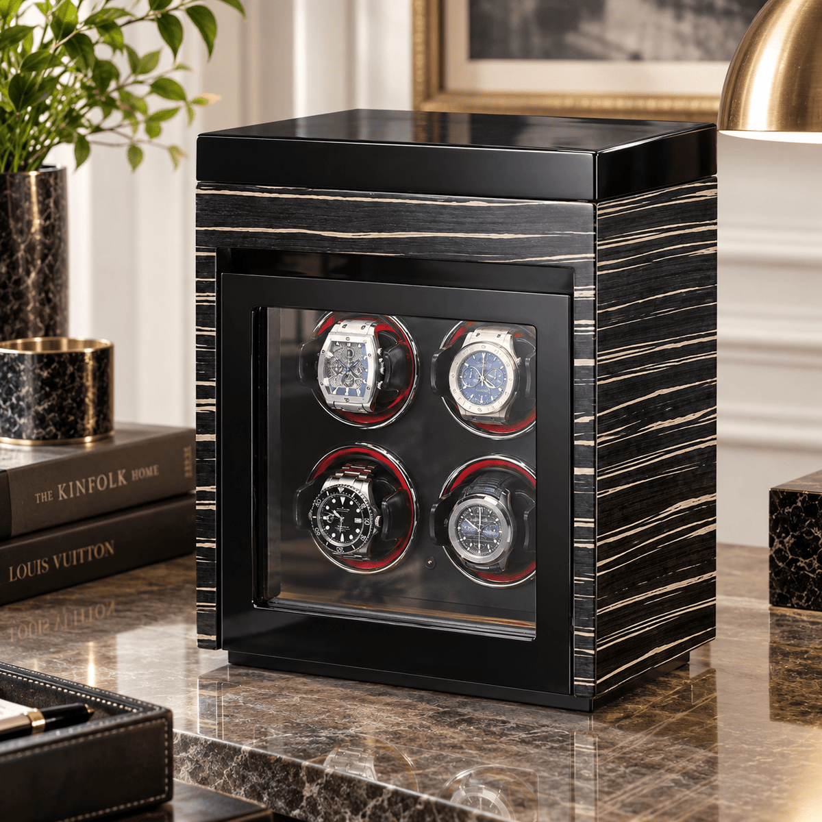 The Time Foundry 4 Slot Watch Winder for Automatic Watches, Ebony, LED Accent Lighting