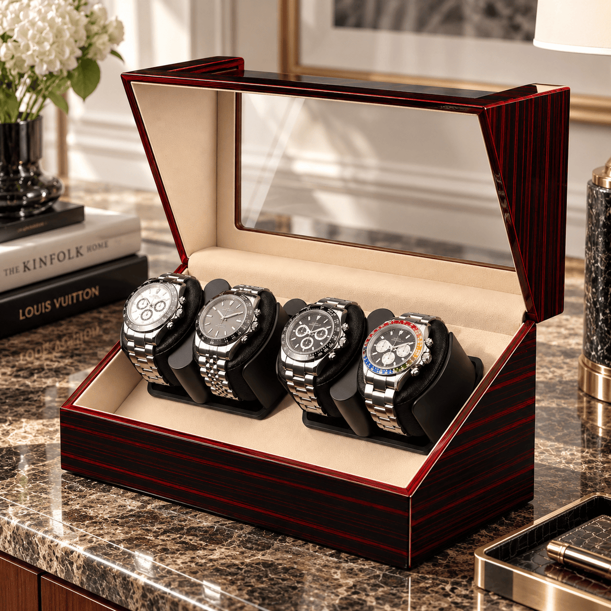 The Time Foundry 4 Slot Watch Winder for Automatic Watches, Ebony, Red Trim Accent