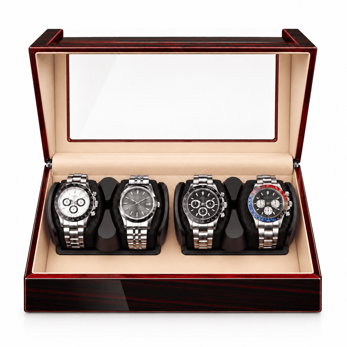 The Time Foundry 4 Slot Watch Winder for Automatic Watches, Ebony, Red Trim Accent Image