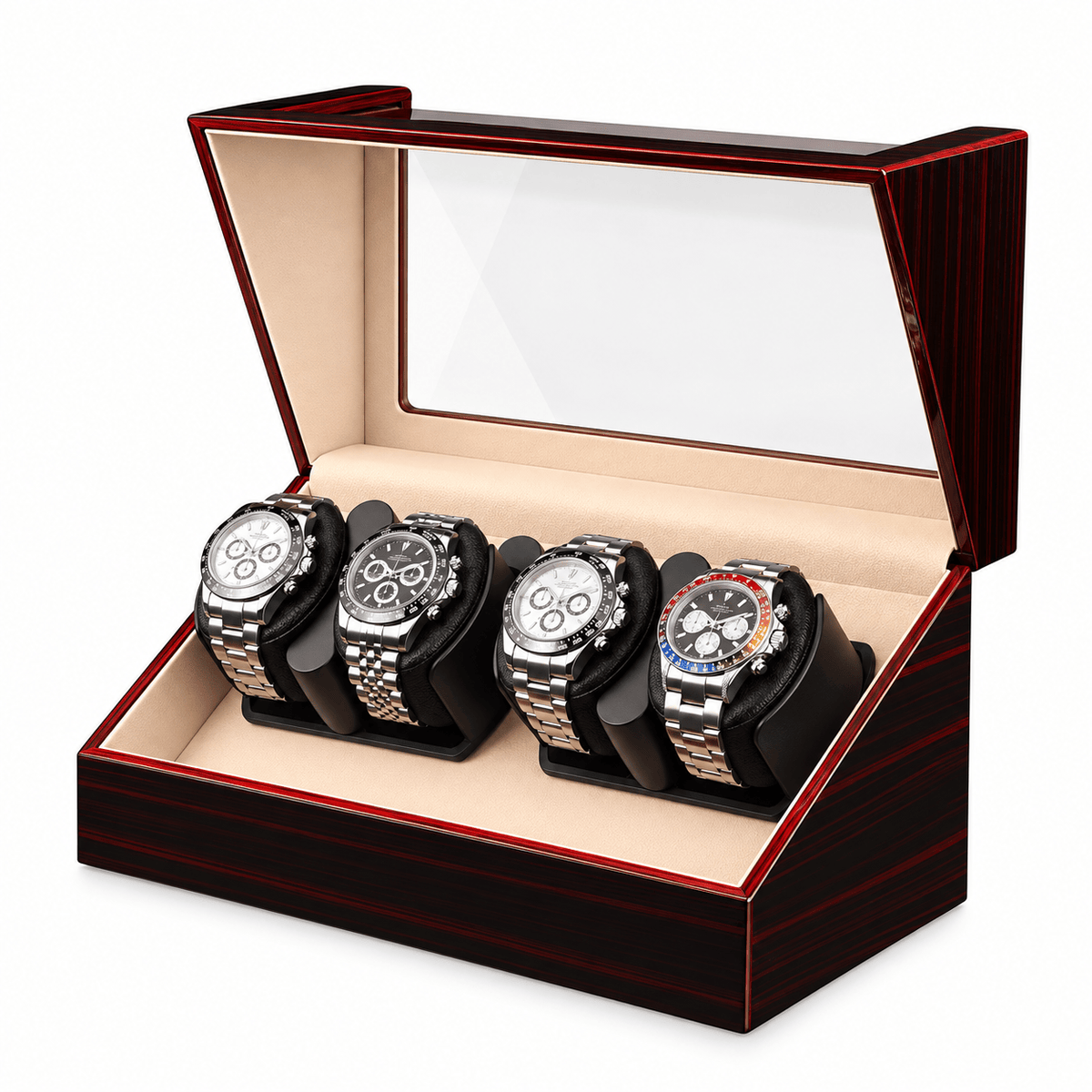 The Time Foundry 4 Slot Watch Winder for Automatic Watches, Ebony, Red Trim Accent