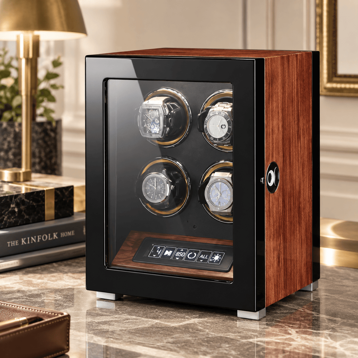 The Time Foundry 4 Slot Watch Winder for Automatic Watches, Gold Accent, 12-Point Motor