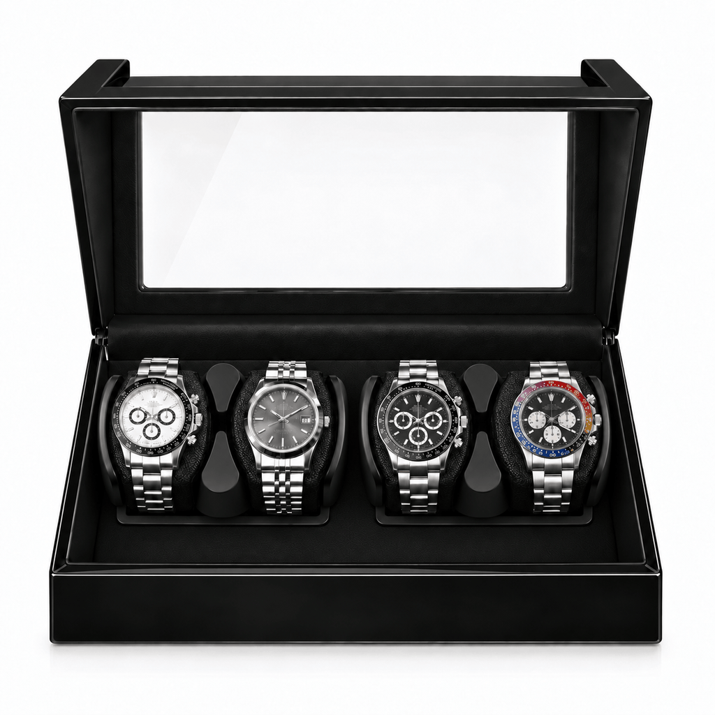 The Time Foundry 4 Slot Watch Winder for Automatic Watches, Piano Black, Bidirectional