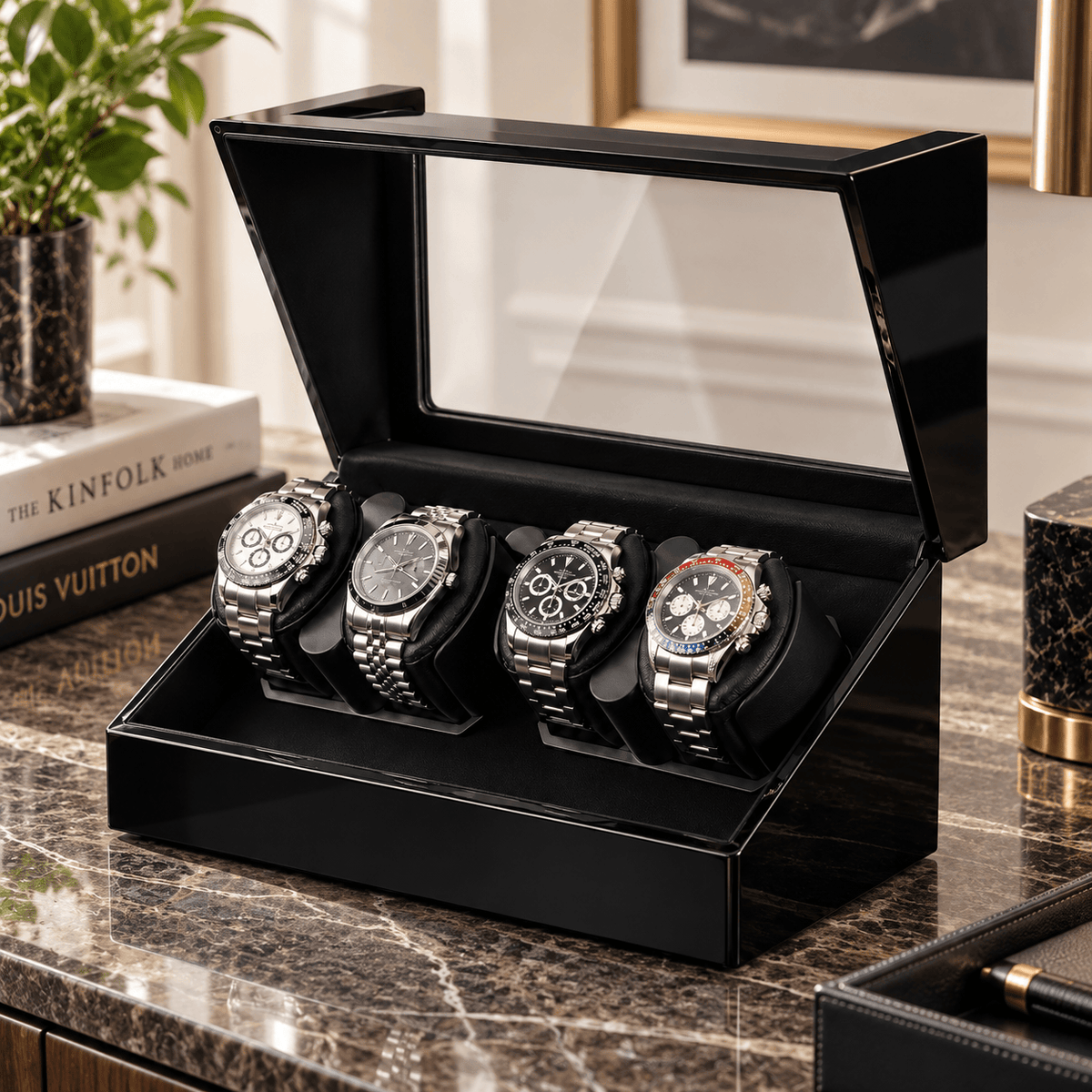 The Time Foundry 4 Slot Watch Winder for Automatic Watches, Piano Black, Bidirectional