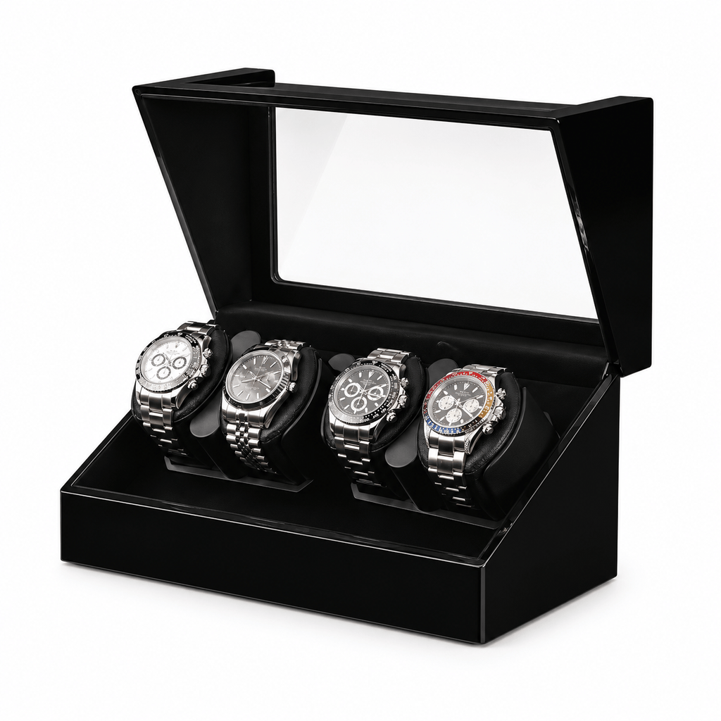 The Time Foundry 4 Slot Watch Winder for Automatic Watches, Piano Black, Bidirectional