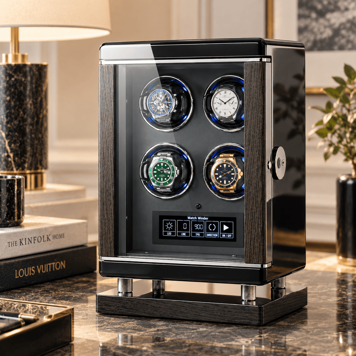 The Time Foundry 4 Slot Watch Winder for Automatic Watches, Piano Black, Japanese Motor