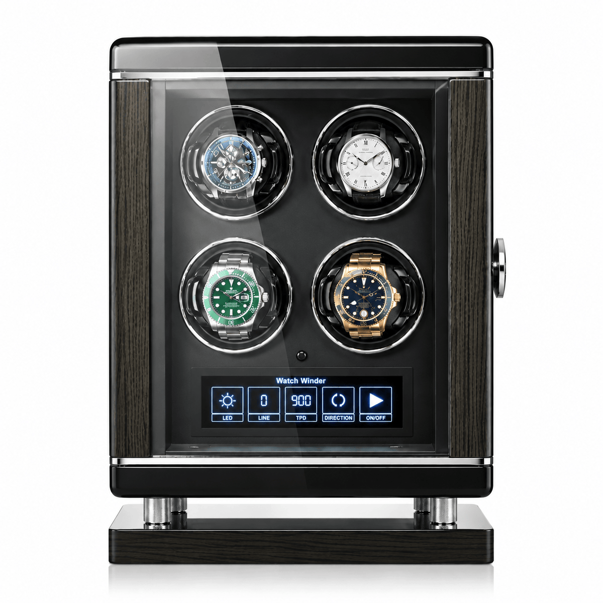 The Time Foundry 4 Slot Watch Winder for Automatic Watches, Piano Black, Japanese Motor Image