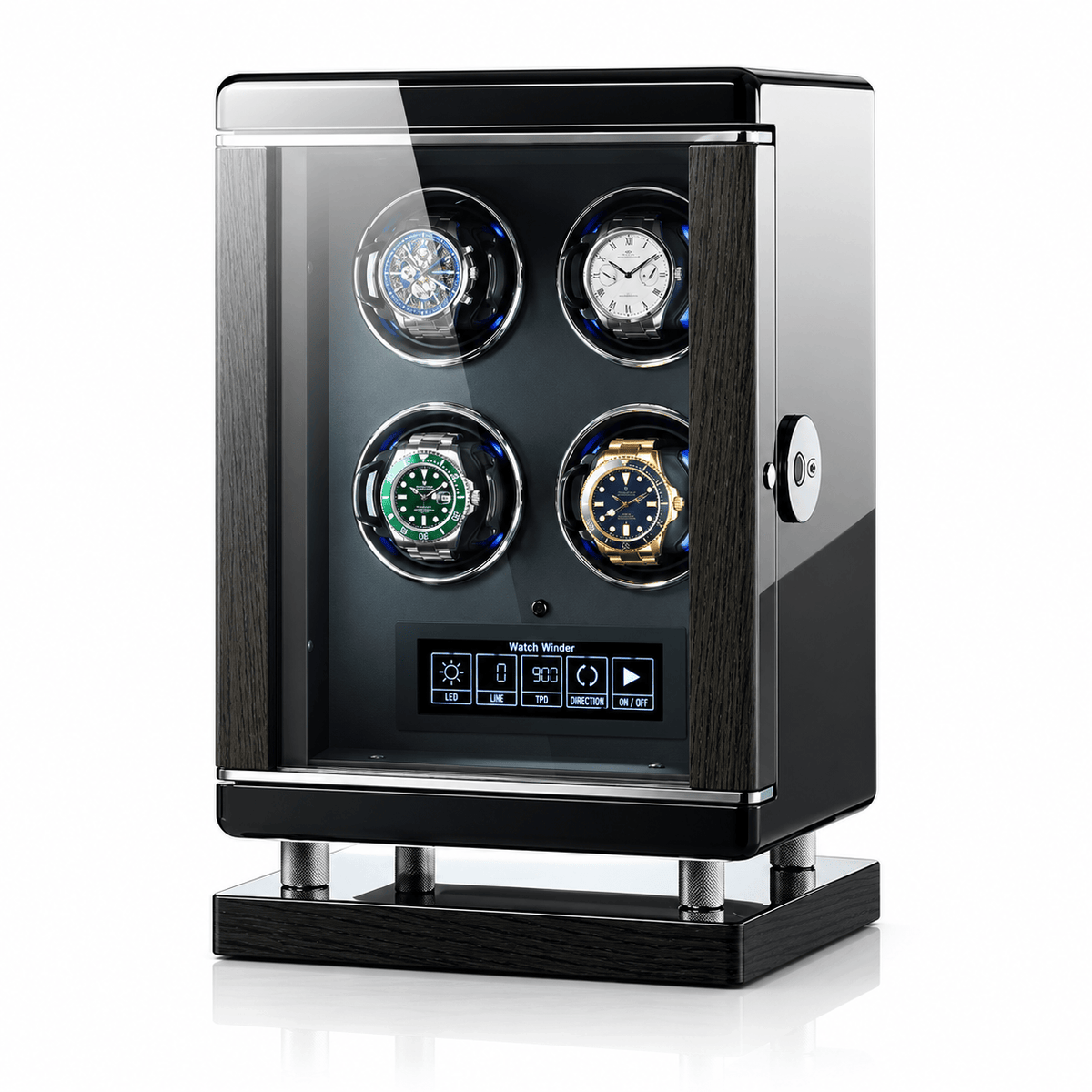 The Time Foundry 4 Slot Watch Winder for Automatic Watches, Piano Black, Japanese Motor