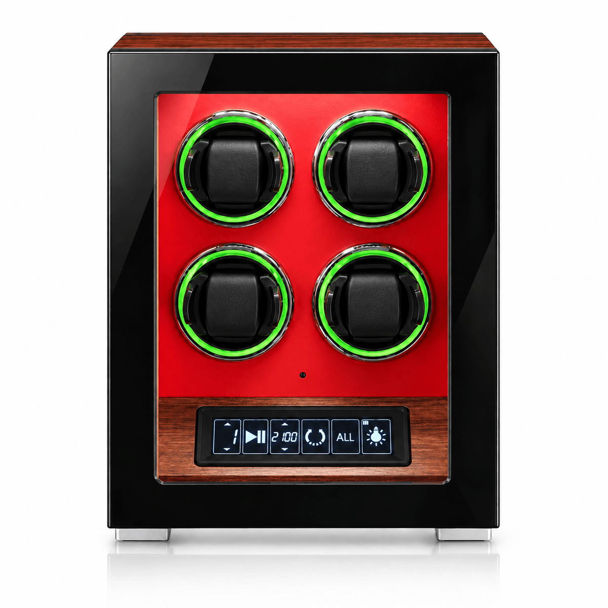 The Time Foundry 4 Slot Watch Winder for Automatic Watches, Red Accent, 12-Point Motor