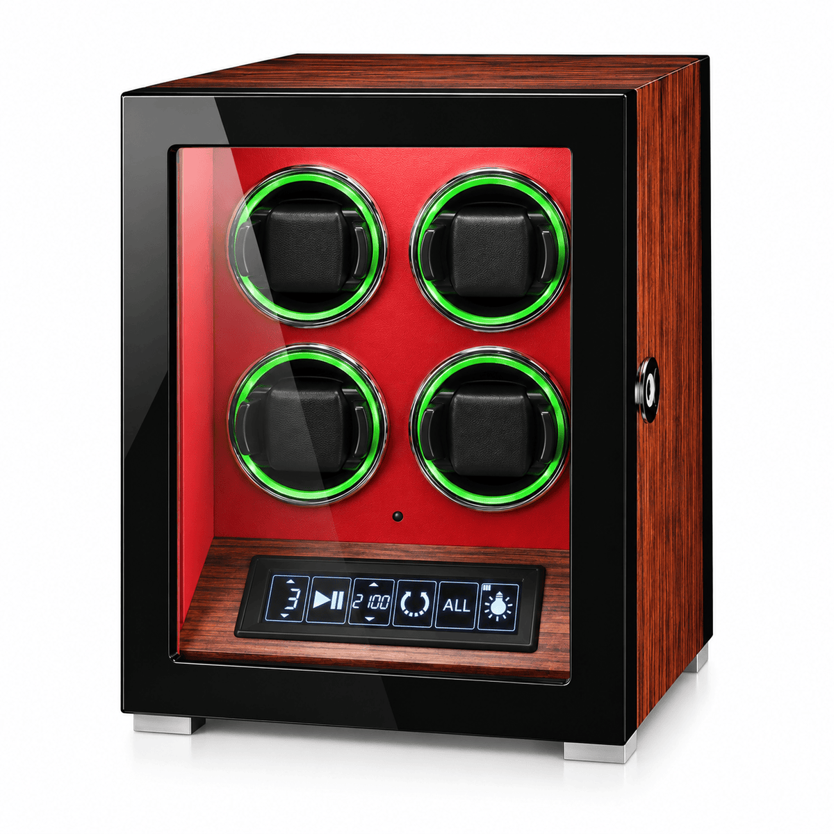 The Time Foundry 4 Slot Watch Winder for Automatic Watches, Red Accent, 12-Point Motor