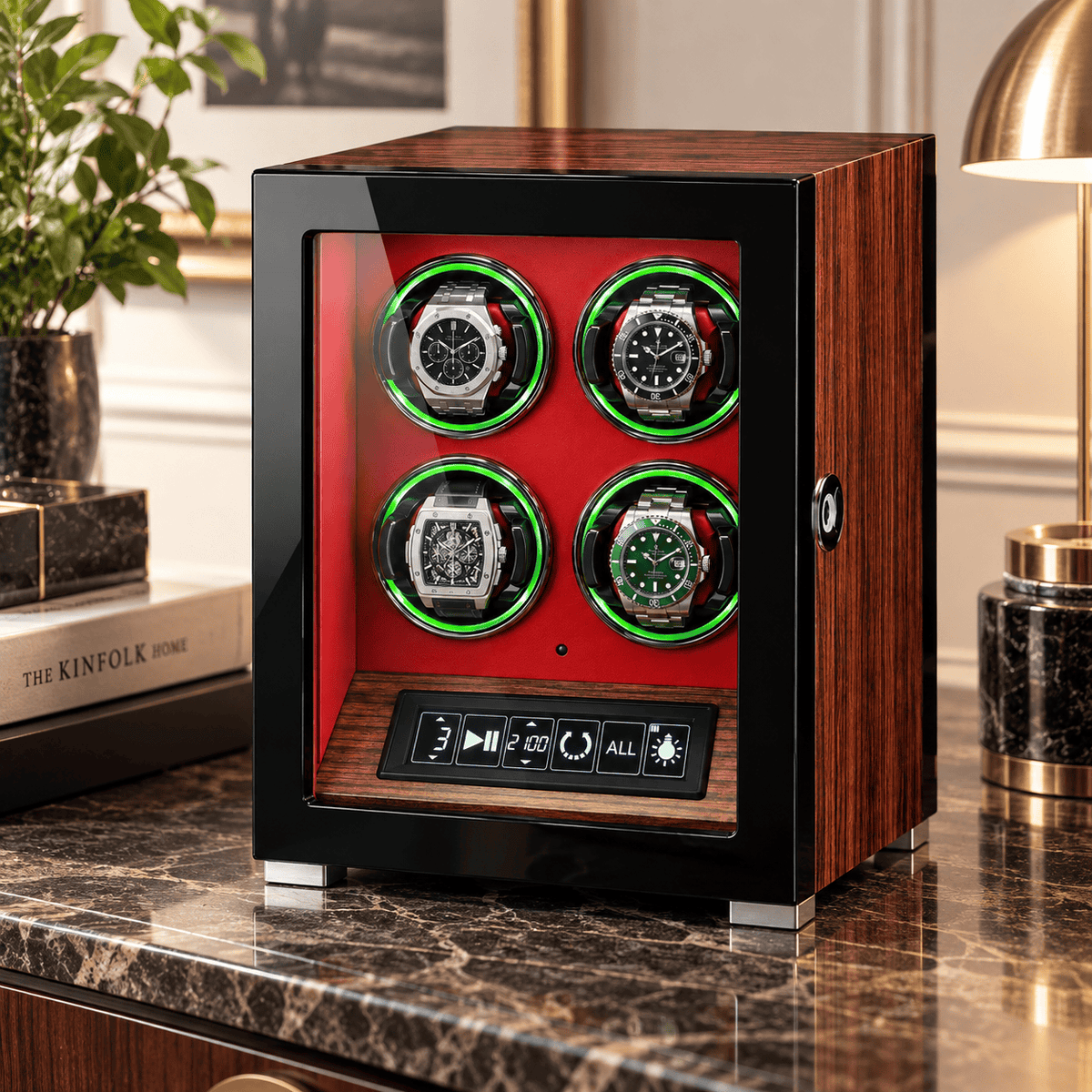 The Time Foundry 4 Slot Watch Winder for Automatic Watches, Red Accent, 12-Point Motor