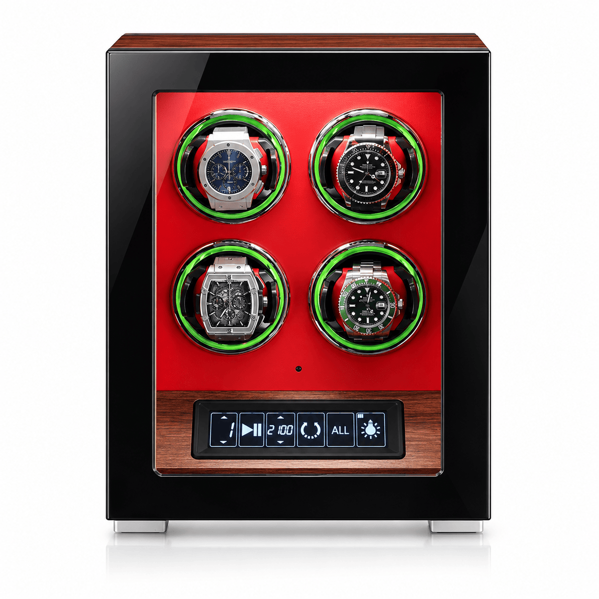 The Time Foundry 4 Slot Watch Winder for Automatic Watches, Red Accent, 12-Point Motor