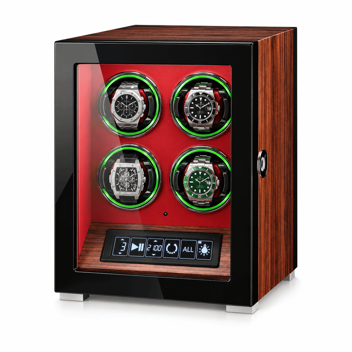 The Time Foundry 4 Slot Watch Winder for Automatic Watches, Red Accent, 12-Point Motor