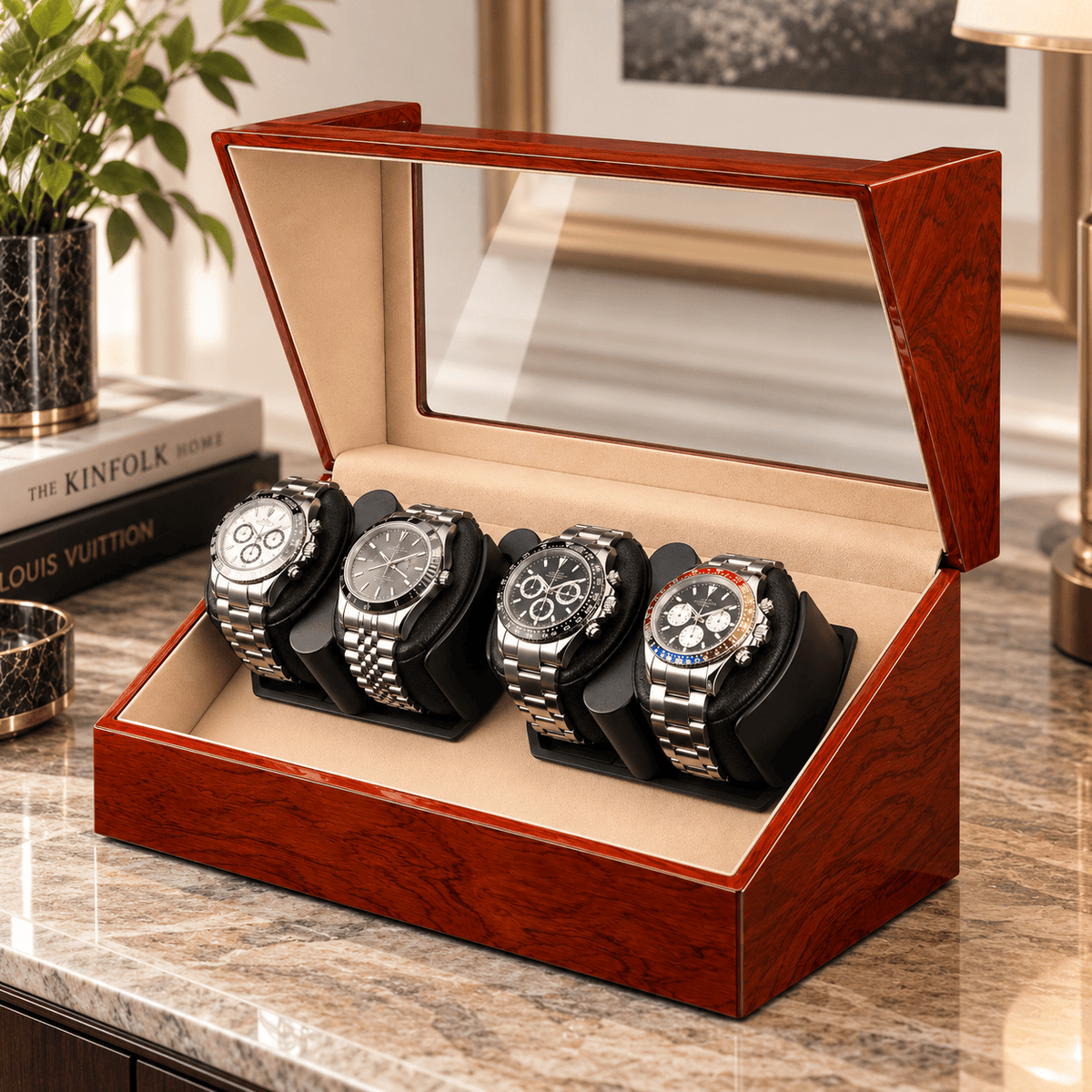 The Time Foundry 4 Slot Watch Winder for Automatic Watches, Rosewood, Bidirectional