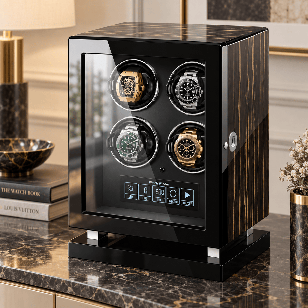 The Time Foundry 4 Slot Watch Winder for Automatic Watches, Wood Grain, Adjustable TPD