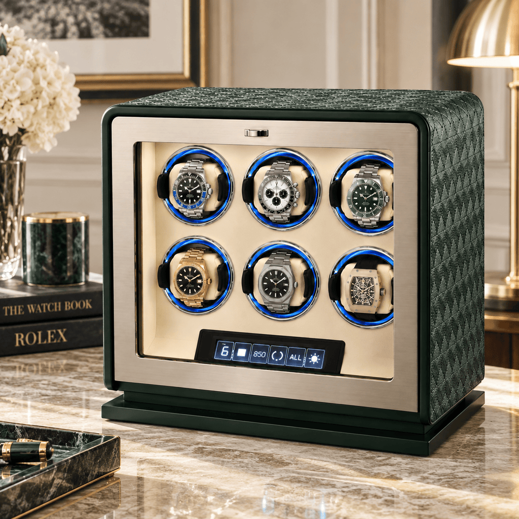 The Time Foundry 6 Slot Watch Winder for Automatic Watches, Dark Green, 12-Point Motor