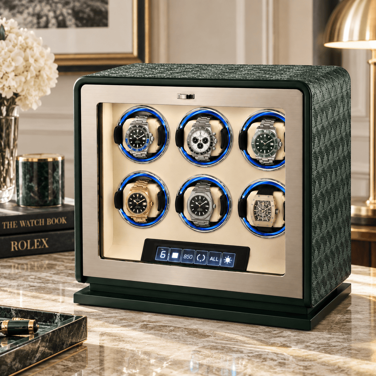 The Time Foundry 6 Slot Watch Winder for Automatic Watches, Dark Green, 12-Point Motor
