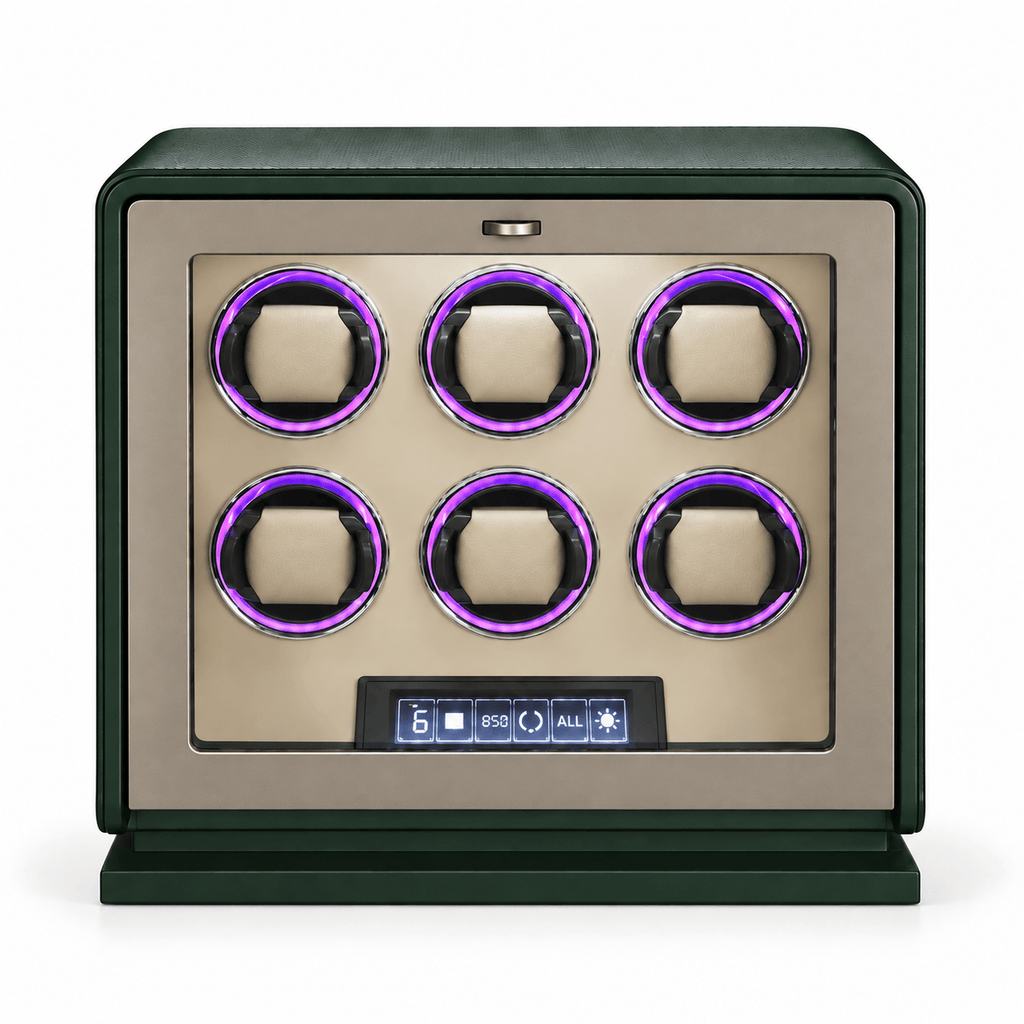 The Time Foundry 6 Slot Watch Winder for Automatic Watches, Dark Green, 12-Point Motor