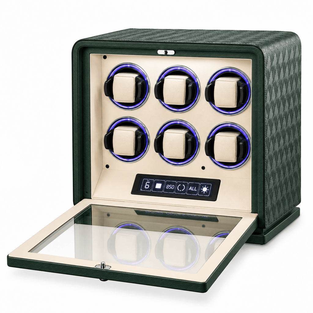 The Time Foundry 6 Slot Watch Winder for Automatic Watches, Dark Green, 12-Point Motor
