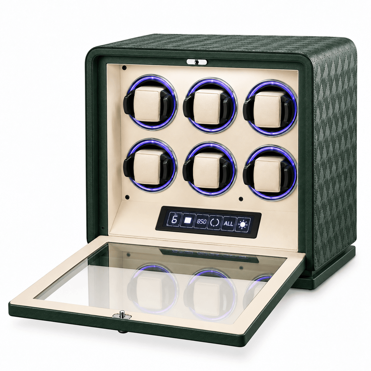 The Time Foundry 6 Slot Watch Winder for Automatic Watches, Dark Green, 12-Point Motor