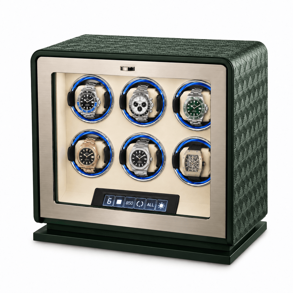 The Time Foundry 6 Slot Watch Winder for Automatic Watches, Dark Green, 12-Point Motor