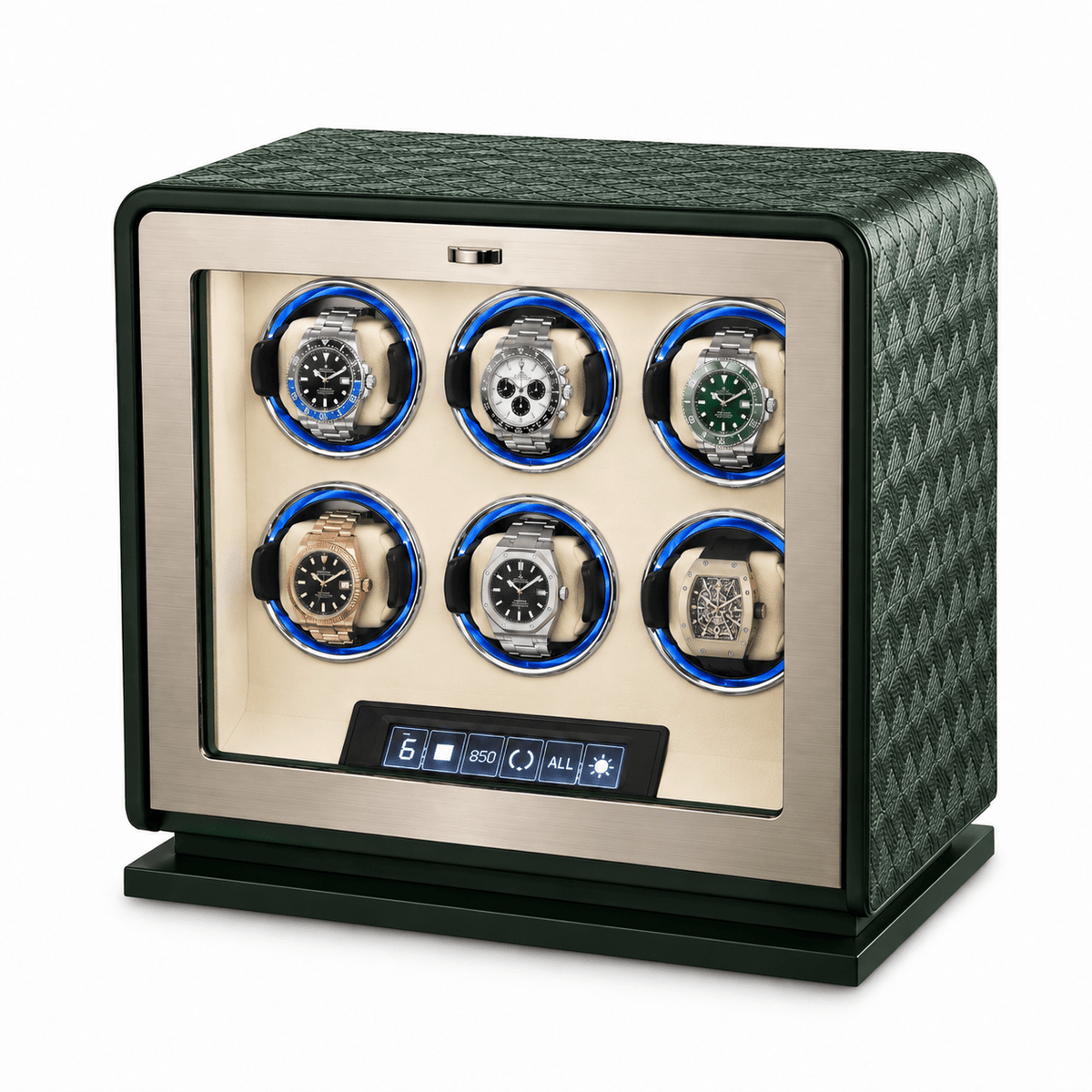 The Time Foundry 6 Slot Watch Winder for Automatic Watches, Dark Green, 12-Point Motor Image