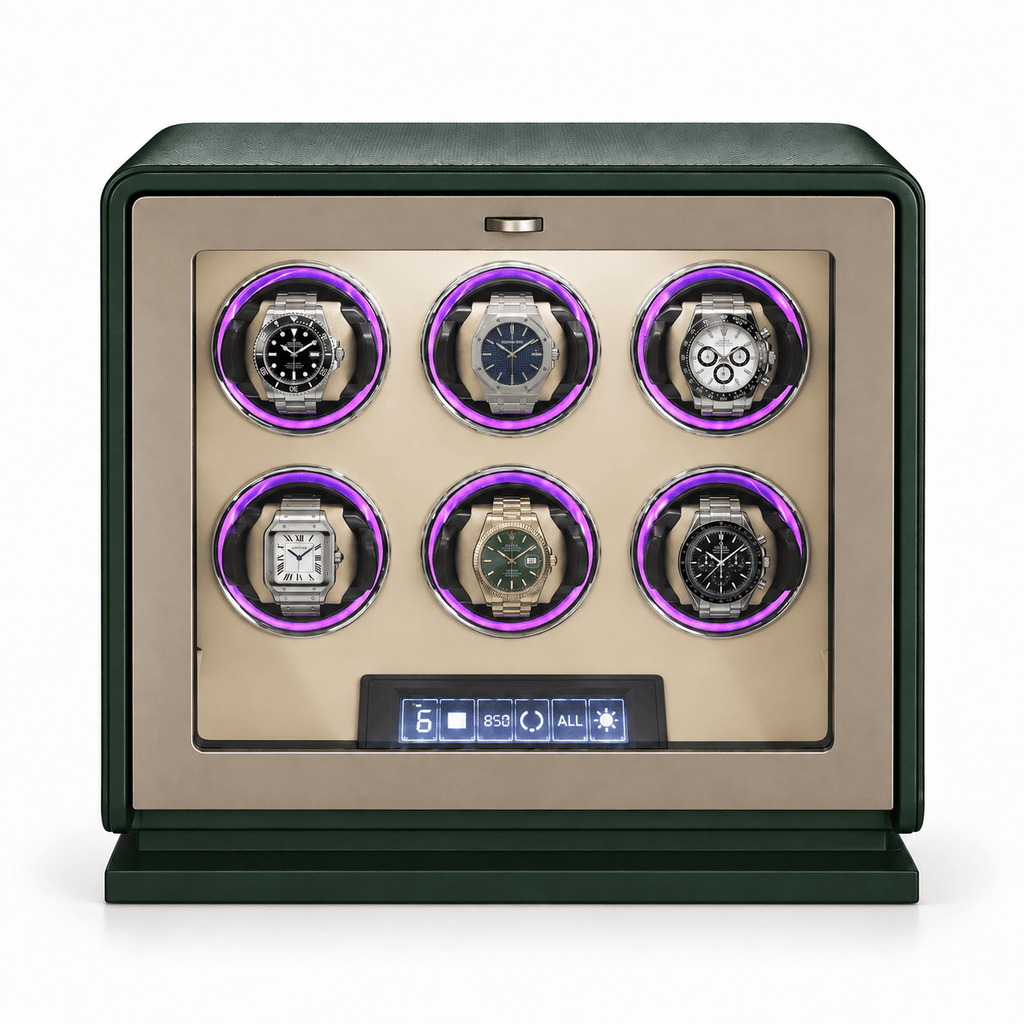 The Time Foundry 6 Slot Watch Winder for Automatic Watches, Dark Green, 12-Point Motor