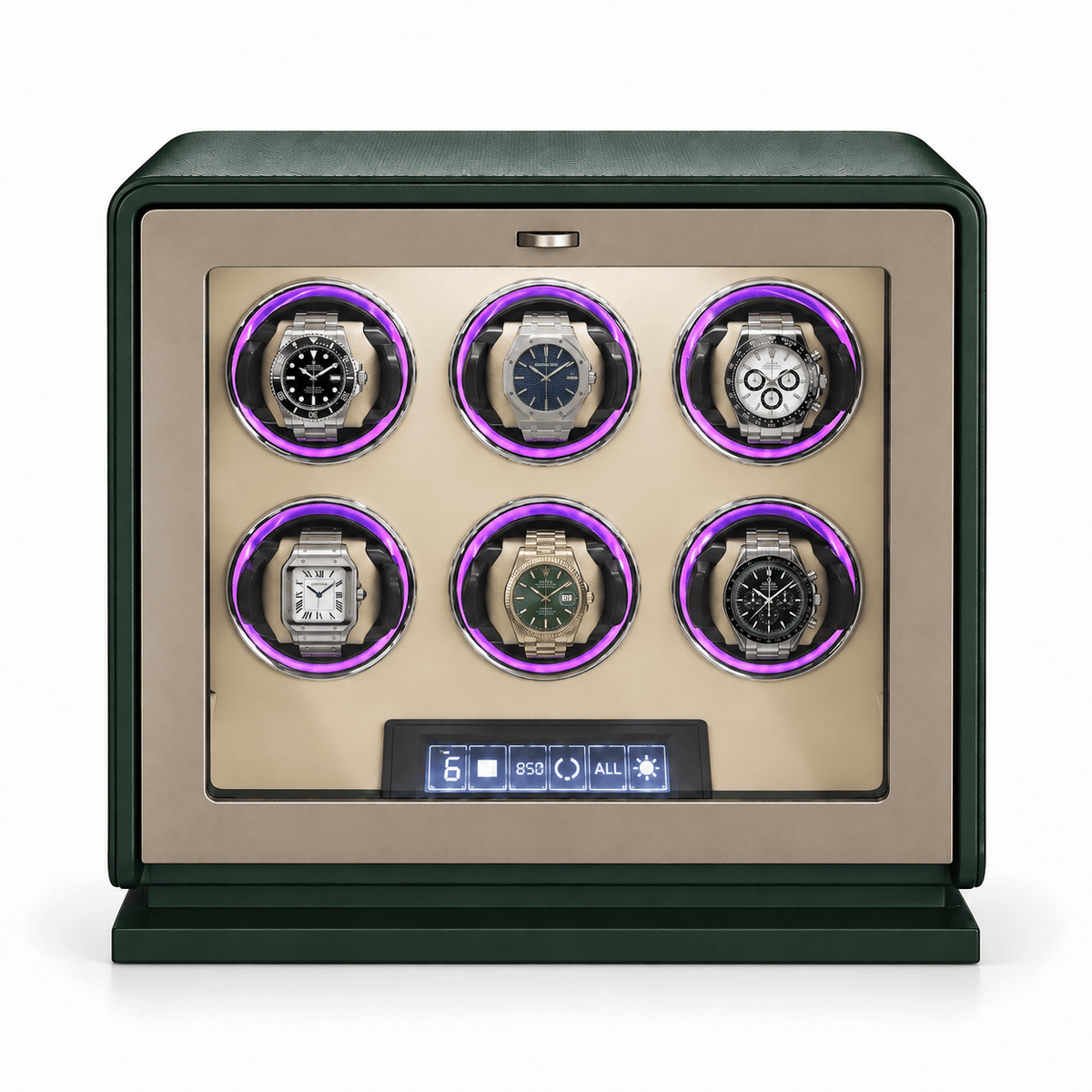 The Time Foundry 6 Slot Watch Winder for Automatic Watches, Dark Green, 12-Point Motor Image