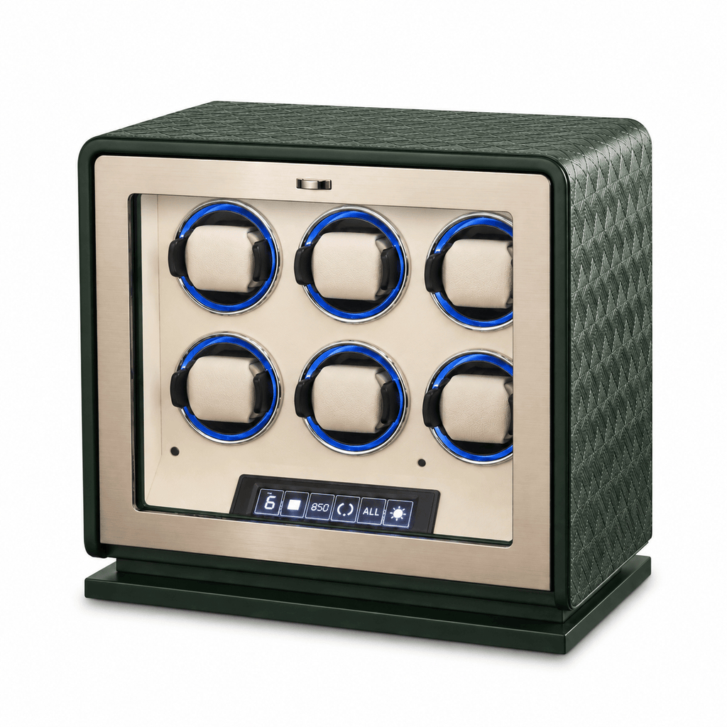 The Time Foundry 6 Slot Watch Winder for Automatic Watches, Dark Green, 12-Point Motor