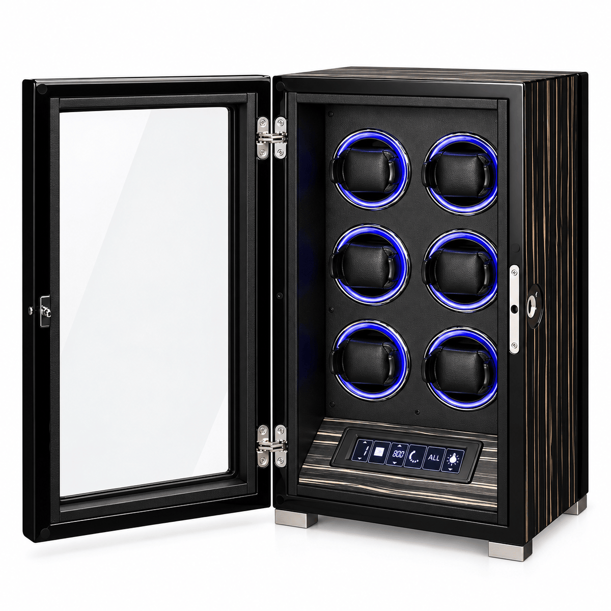 The Time Foundry 6 Slot Watch Winder for Automatic Watches, Ebony, 12-Point Motor, LED