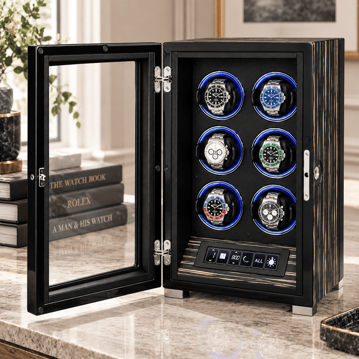 The Time Foundry 6 Slot Watch Winder for Automatic Watches, Ebony, 12-Point Motor, LED